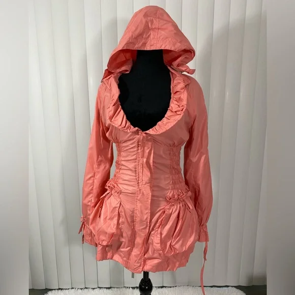 BLANC NOIR Sample Smocked Waist Nylon Anorak Windbreaker Hoodie Jacket Coral S - Picture 3 of 16